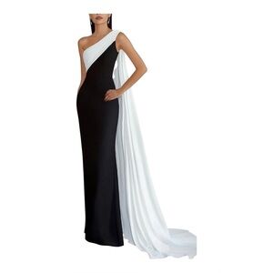 NWOT Black White One Shoulder Long Satin Formal Dress W/ Side Cape Sz 12 MOB MOG